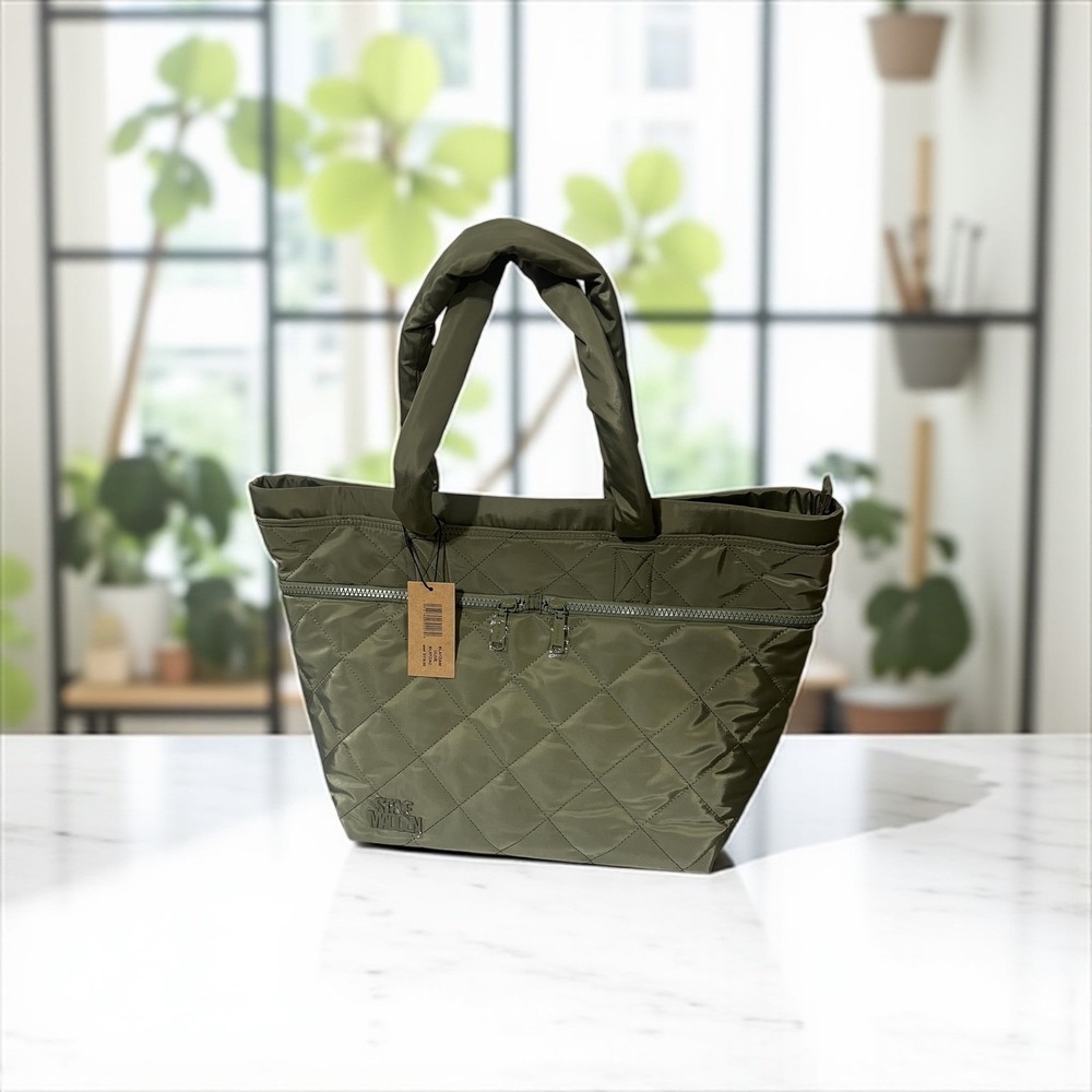Steve Madden Olive Green Quilted Tote‎ Bag Zip Pocket New with Tags